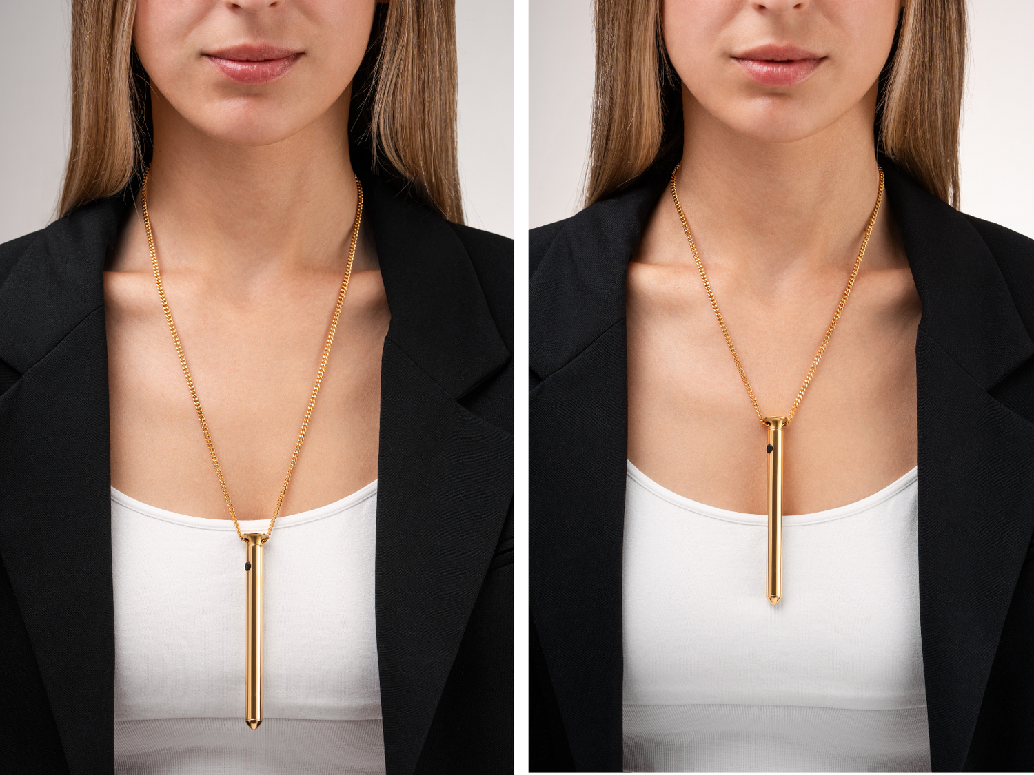 Side-by-side images of cuban chain worn at 18” and 22”.
