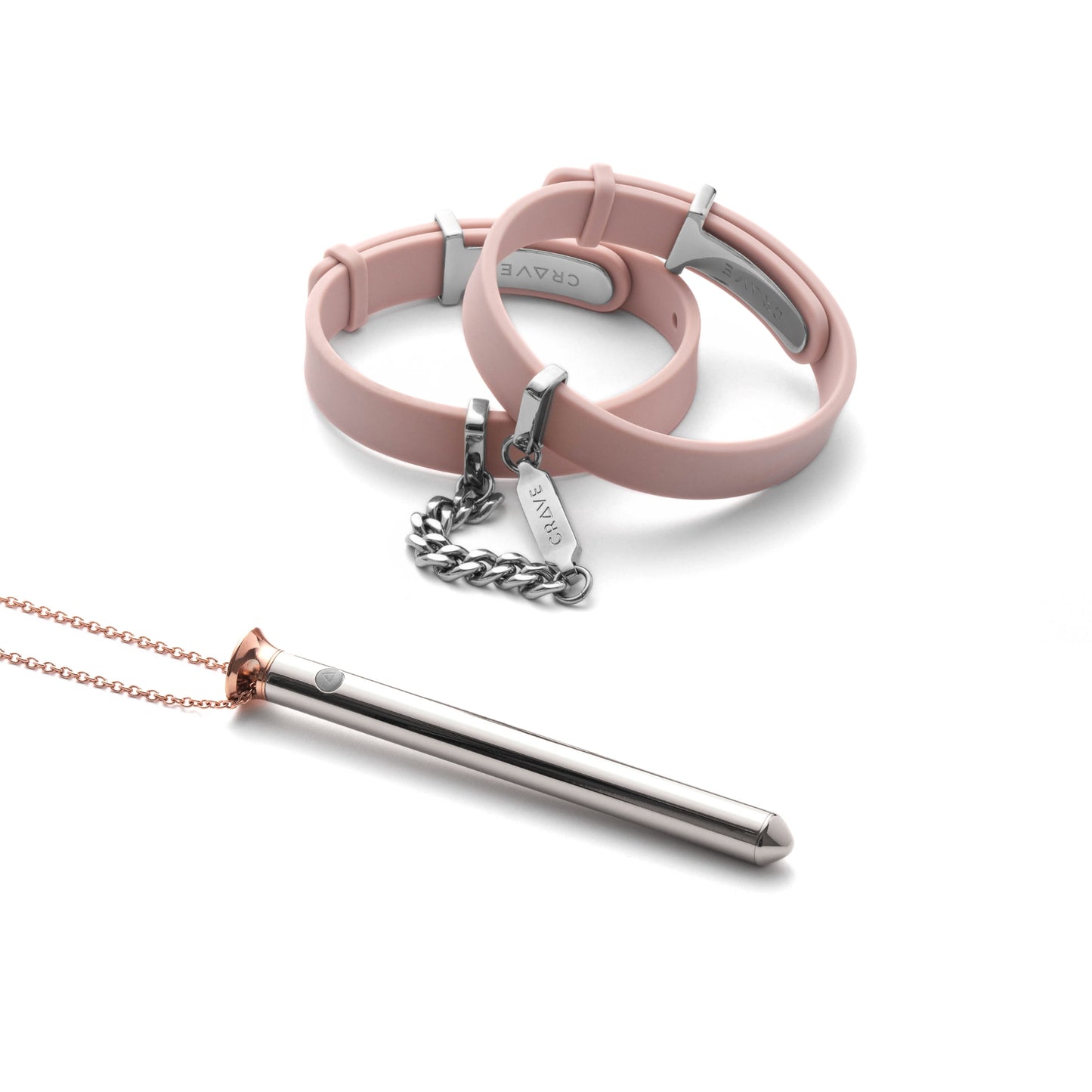 ID Cuffs in pink and silver with Vesper in duotone.