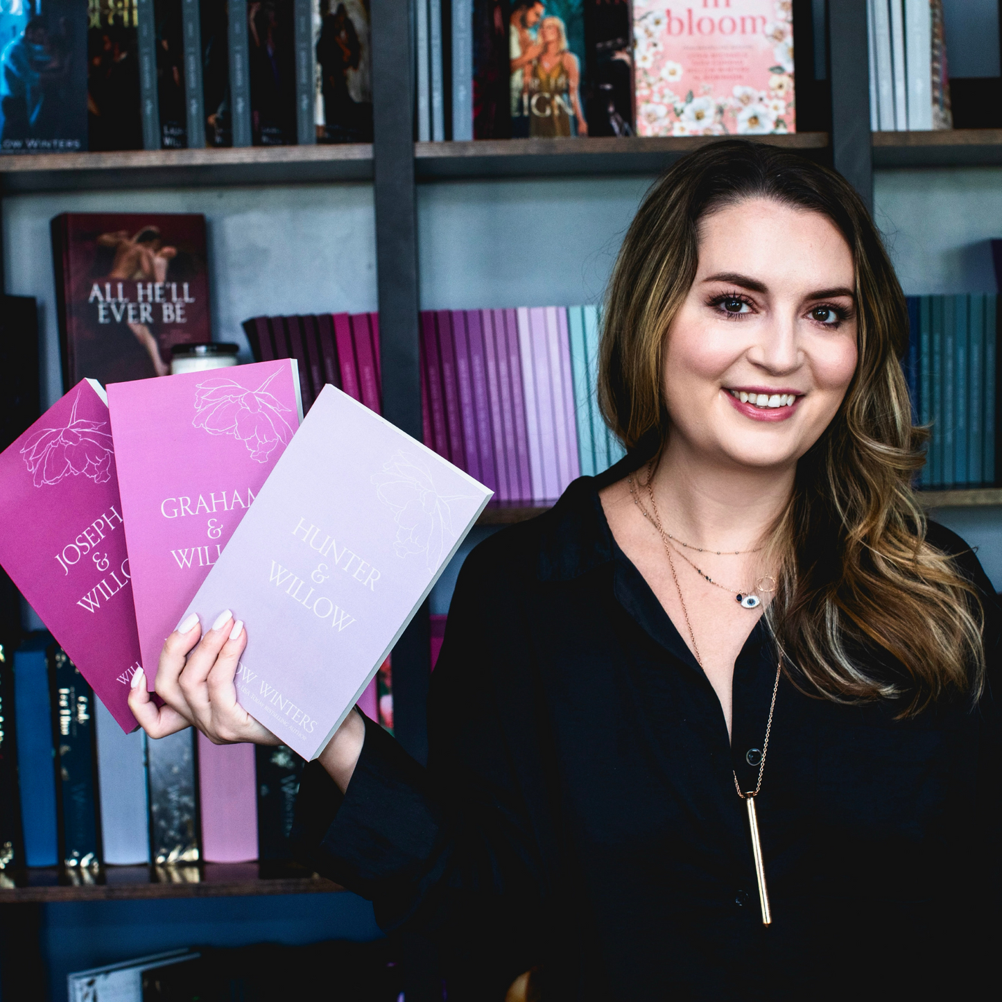 Winter Willows' with her books wearing Vesper.