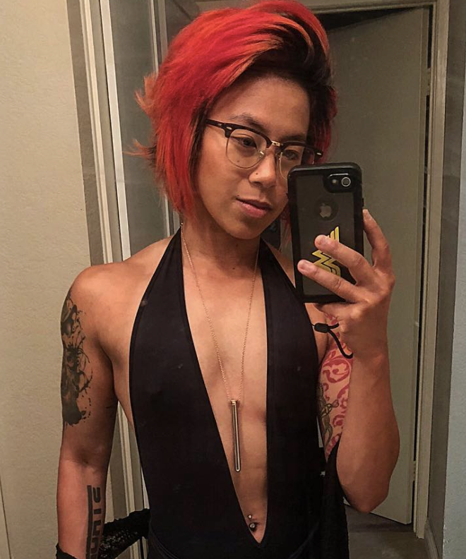 @reddpanduhh taking a mirror selfie, wearing Vesper.
