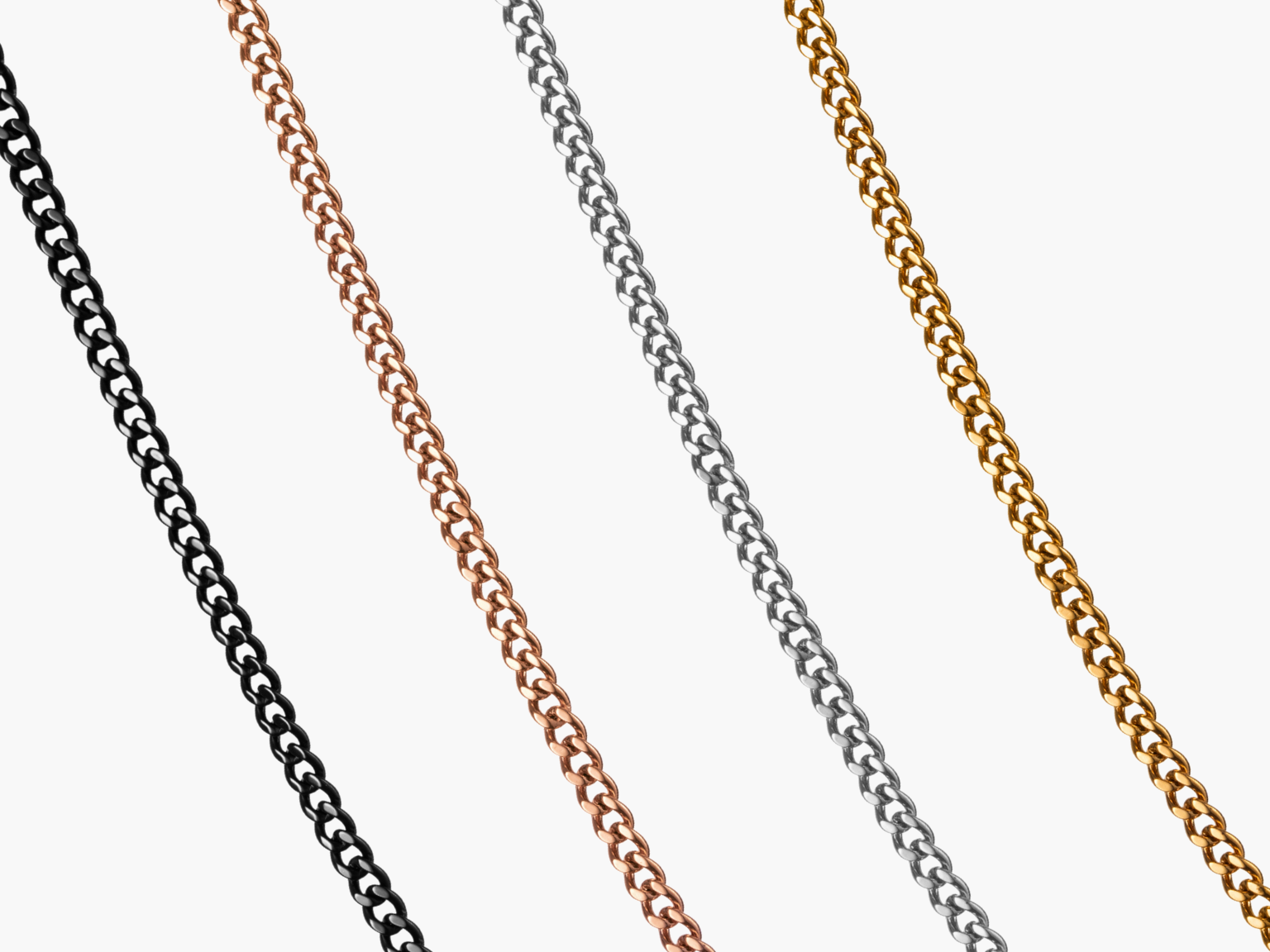 Close-up of cuban chain in black, rose gold, silver, and 24kt gold.